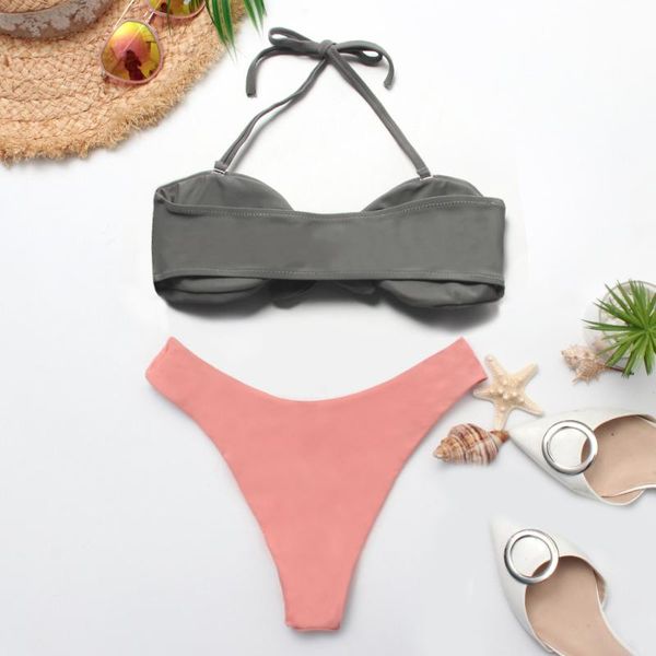 

solid bandage bikini suit women's low waisted swimwear new low waisted halter swimwear summer beach bikini
