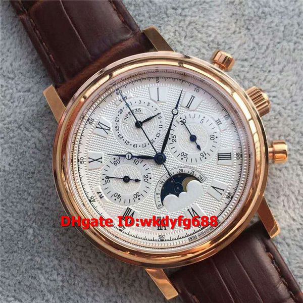 

classic 18k rose gold moonphase chronograph date swiss mens watch lemania 7750 manual winding 28800vph sapphire crystal water resistance, Slivery;brown