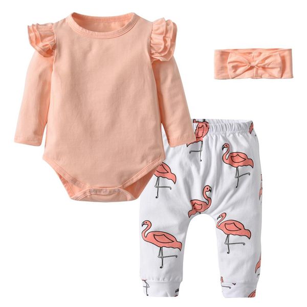 

3pcs baby girls clothing pink soft cotton bodysuit +flamingo print pants+headband infant toddler girls clothes outfits set, White