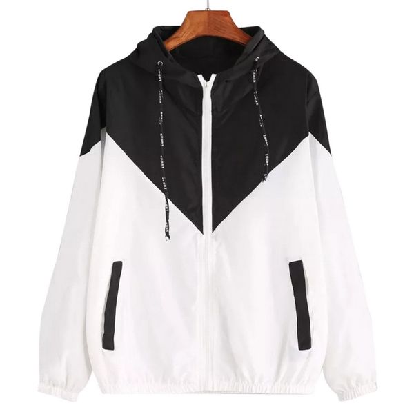

nibesser women autumn hooded jacket windbreaker jacket women coat patchwork tone splice zipper pockets plus size, Black;brown