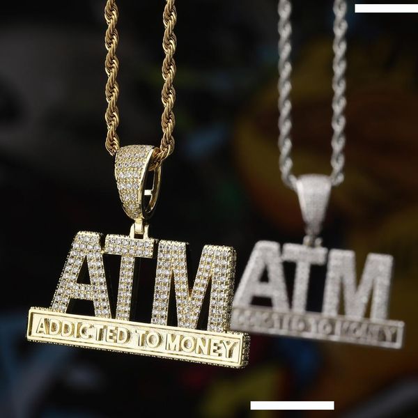 

hip hop micro pave cubic zirconia bling iced out addicted to money atm pendants necklace for men rapper necklace, Silver