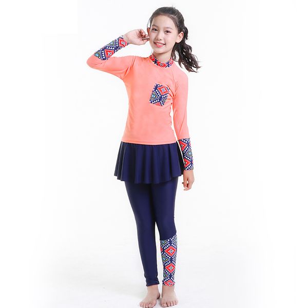 

new girls teenagers swimsuit two pieces beachwear swimwear solid long sleeve skirt bathing suit 10-15 years swimsuits, White