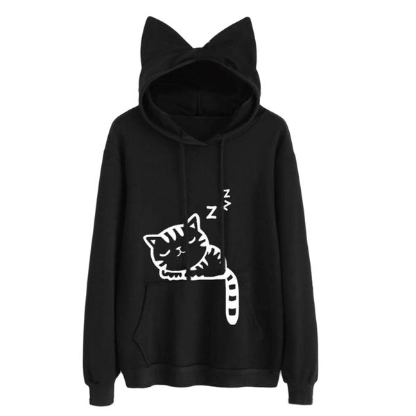 

2018 black women kawaii cat ear hoodies cute cartoon sleeping cat printed hooded sweatshirt female loose pullover outerwear