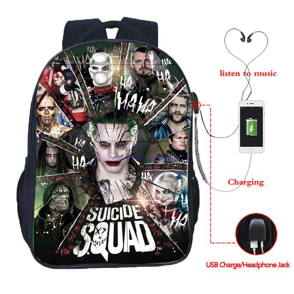 

suicide squad joker harley quinn usb charge kanpsack fashion beautiful usb charging school bags beautiful students rucksacks
