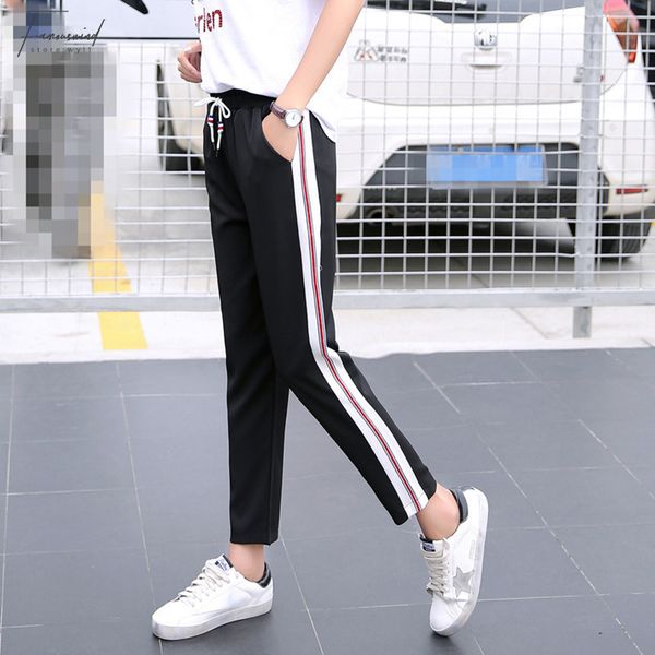 

women pants 2019 spring side harem pants women elastic high waist sweatpants joggers women black casual pants trousers, Black;white