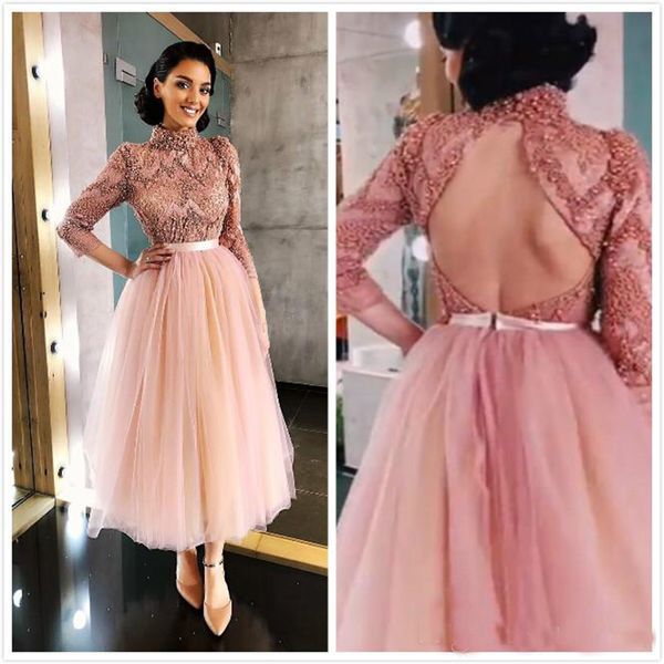 

Luxurious 50's 2019 African Dubai Evening Dresses High Neck Beaded Crystals Lace Prom Dresses Tea Length Formal Party Gowns