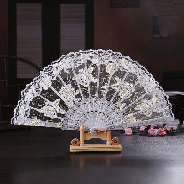 

vintage 10 colors available hands fans plastic fan bone bamboo hand rose lace wedding fans arts and crafts wedding favors gift cheap, White