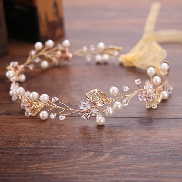 

trendy flower gold color bride pearl headband tiara hair jewelry handmade rhinestones wedding headpiece hair accessories, Golden;white