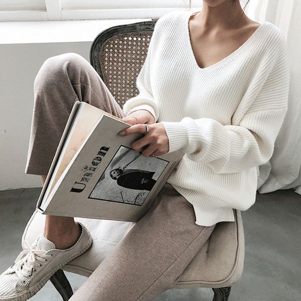 

mazefeng new 2019 autumn winter women's sweaters v-neck minimalist female fashionable korean style knitting casual solid, White;black