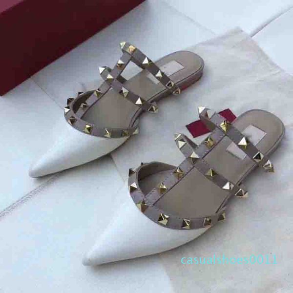 

women high-heeled shoes luxury sandals loafer summer genuine leather shoes flat rivet shoes brands slippers 2018 designer c11, Black