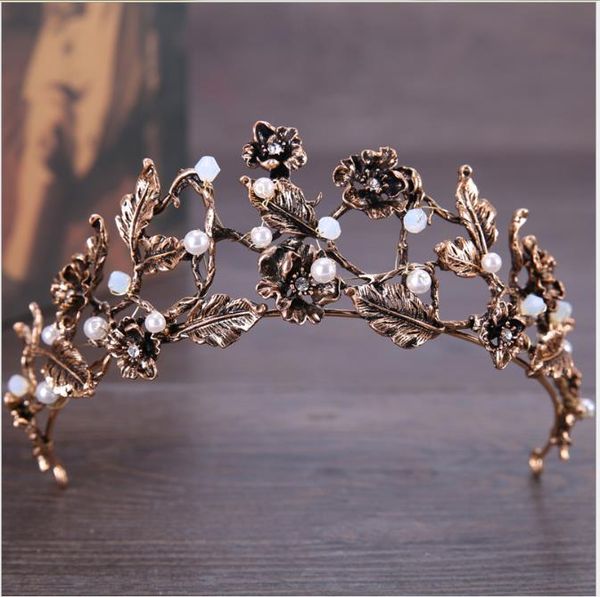 

bronze flowers with diamonds, crown and headdress, alloy pearls, beautiful bride's headdress studio, shooting hair ornaments, Slivery;golden