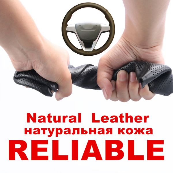 

diy sew black natural genuine leather car steering wheel cover brown for lada xray 2015-2019 vesta 2015 2016 2017 2018 2019