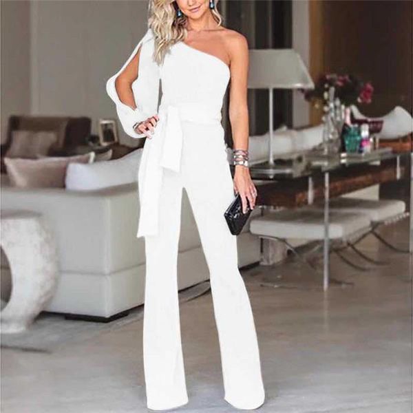 

women one-shoulder jumpsuits summer sashes ribbon solid color rompers fashion long sleeve casual one piece bodysuit, Black;white