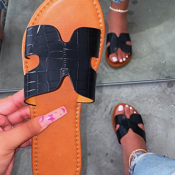 

candy-colored comfortable women's summer slippers casual fashion wild roman style flat bottom outdoor beach female slippers, Black