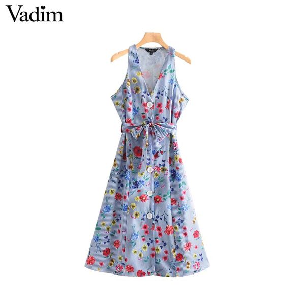 

vadim women striped print mid calf dress v neck sashes cute button sleeveless casual female a line dresses vestidos qc054, Black;gray