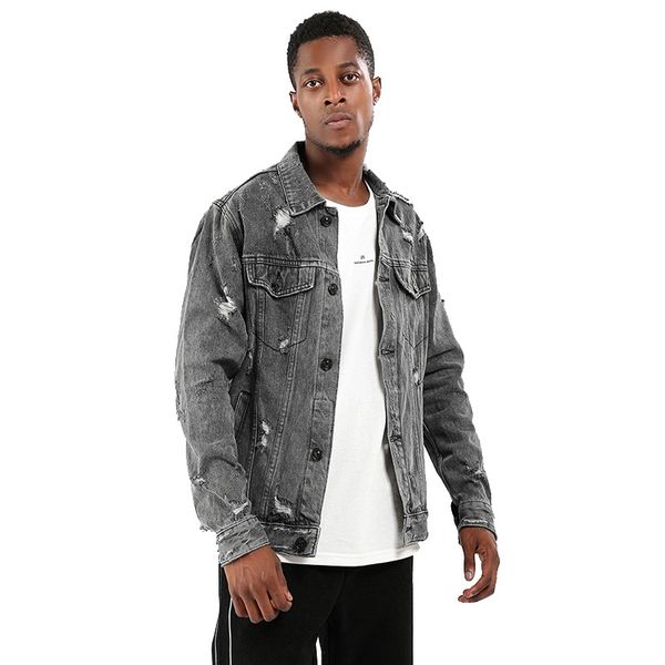 

japanese harajuku vintage distressed denim jacket for men urban men's streetwear hip hop ripped jean jacket plus size, Black;brown