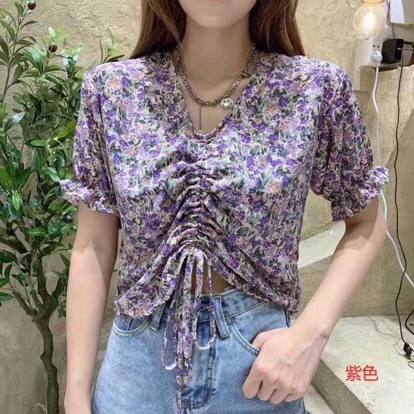 

zosol new v-neck short-sleeved draw rope loose tight flower sleeve head chiffon shirt shirt top, White