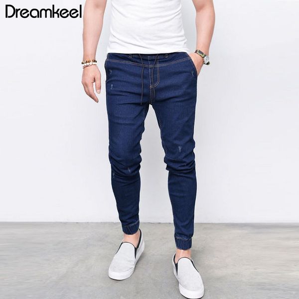

fashion men jeans men clothes 2019 washed denim pants hip hop sportswear elastic waist joggers pants ripped jeans for y, Blue