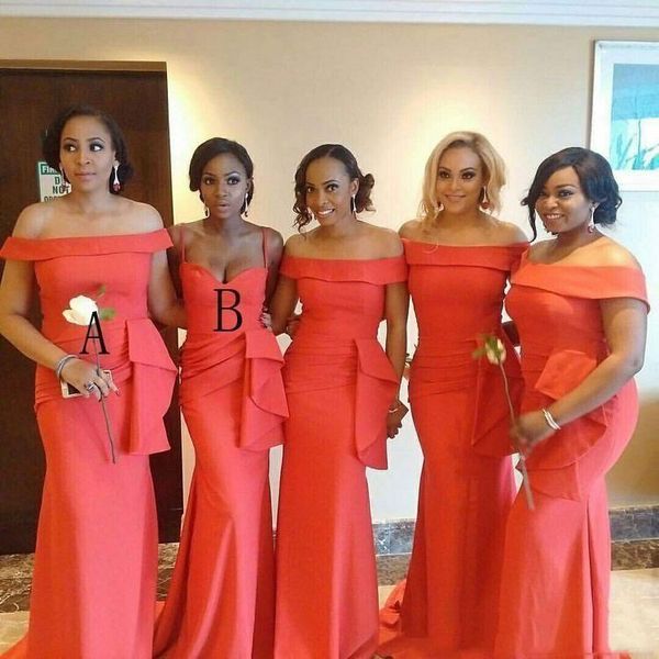 

2020 African Coral Satin Mermaid Bridesmaid Dresses Portrait Neck Ruched Ruffles Floor Length Plus Size Wedding Guest Maid Of Honor Dresses