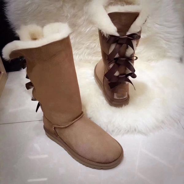 

34-45 us3-14 australia ug hight boots three bows women suede genuine leather snow boots girls brand winter shoes fur boots c102401, Black;grey