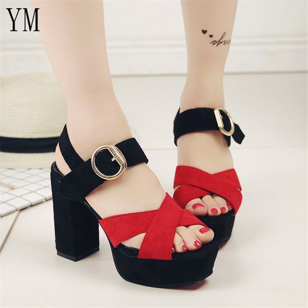 

новая мода женщина лодыжки ремень насосы высокий каблук толстое дно  см peep toe платформы сандалии t-связали пуля гладиатор партии обувь, Black