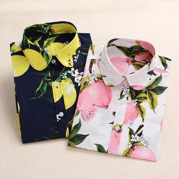 

women's blouses & shirts 2021 summer cotton women fruit print long sleeve shirt turn down collar bohemia casual blouse blusas 5xl, White