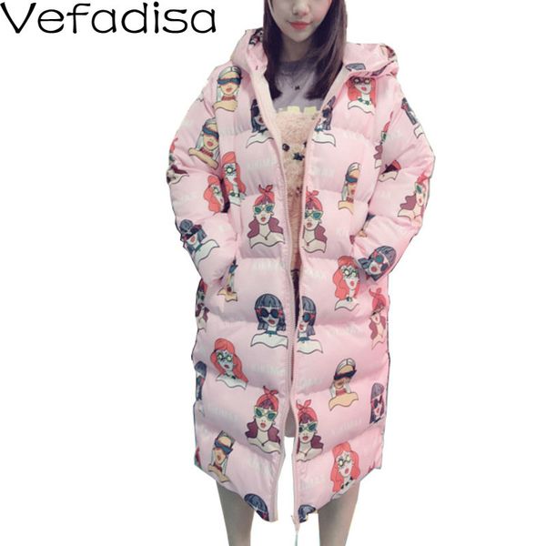 

vefadisa character printing winter parka woman 2019 pink hooded parka loose thick cotton-padded clothes long zippers qyf1283, Black