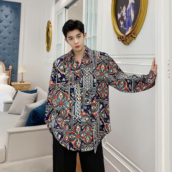 

new мужчина урожай печать повседневного длинного рукав bow tie лента япония корея стиль мужской streetwear fashion show рубашка платье, White;black