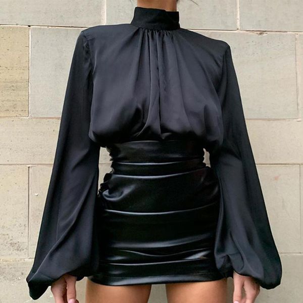 

turleneck твердой slik блуза женщина рубашка backless 2020 женщины блузка с длинным рукавом bow tie женщины верхнего и blusa, White