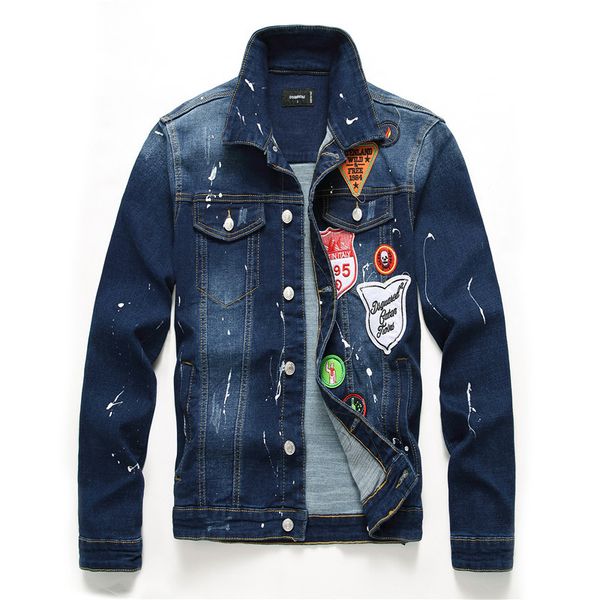 

new arrival trendy elastic denim jacket men spliced badges embroidery slim jackets blue hip hop streetwear homme, Black;brown