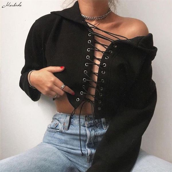 

macheda fashion hoodie sweatshirt long sleeve front lace up sweatshirt women casual looes cropped hoodies for women solid top, Black