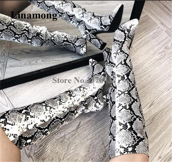 

women fashion pointed toe snake leather chunky heel knee high boots grey printed long thick high heel boots dress heels, Black