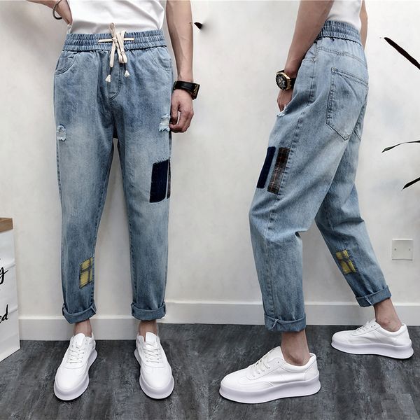 

2019 men vintage ankle-length jeans spring summer ripped hole denin pants blue mid waist patchwork trousers fashion streetwear