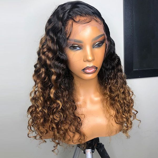 

1b / 27 ombre lace front парик 13x6 глубокая часть человеческих волос бразильский виргинский кудрявый парик для чернокожих женщин с детскими, Black;brown