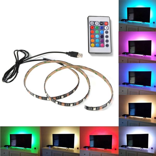 

1m 2m 3m 4m 5m dc 5v rgb flexible usb led strip light 5050 smd sting ip20 ribbon adhesive tape tv backlight 24key rf controller
