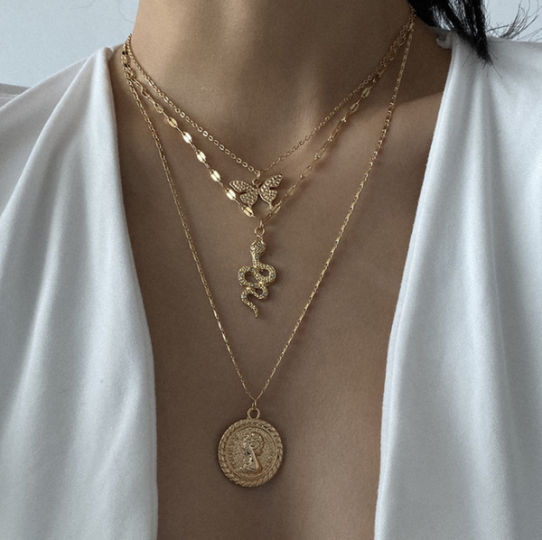 

new metal gold punk choker necklace men bohemia jewelry vintage coin pendant snake butterfly necklace for women neck accessories, Silver