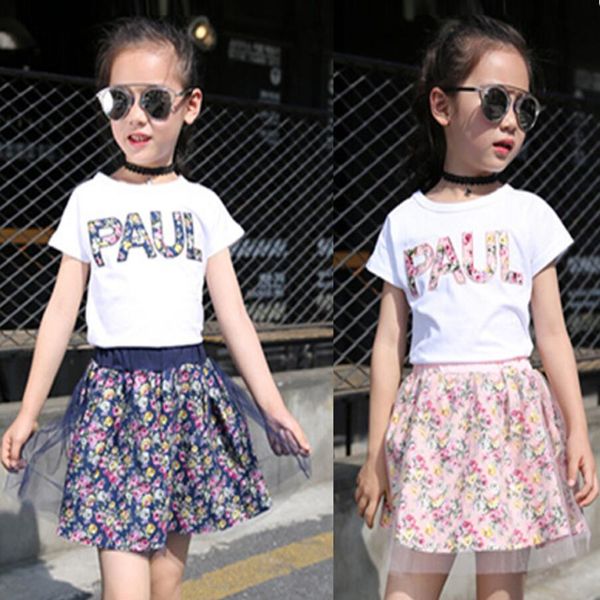 

2019 лето новорожденных девочек комплект одежды детей письмо печать футболки + цветочные чистая пряжа юбка 2 шт. костюм детская одежда компл, White