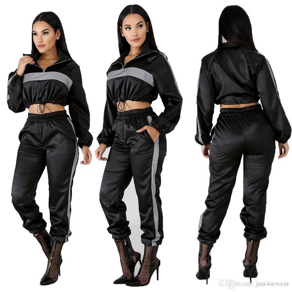 

women fashion autumn winter reflective sport tracksuits 2 piece sets crop pants sweat suit sets