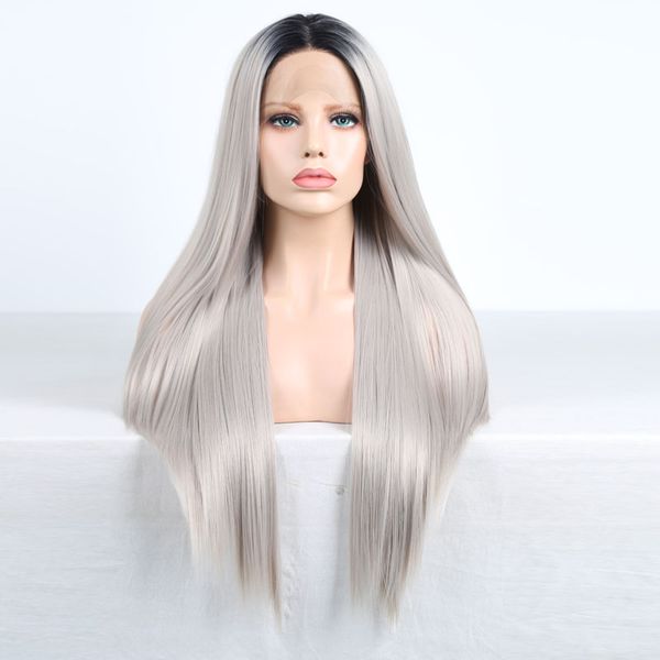

rongduoyi long handtied ombre light gray heat resistant straight cosplay synthetic lace front wigs for women with middle part, Black