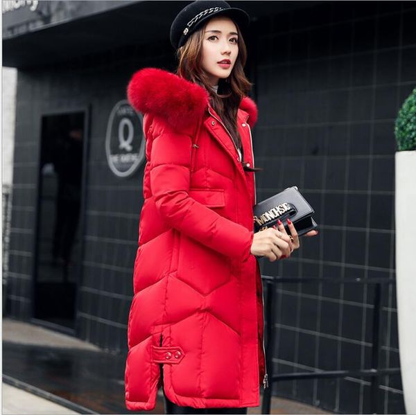 

winter women hooded long coat jacket fur collar thicken warm outerwear long sleeve parkas female down cotton padded jackets, Black