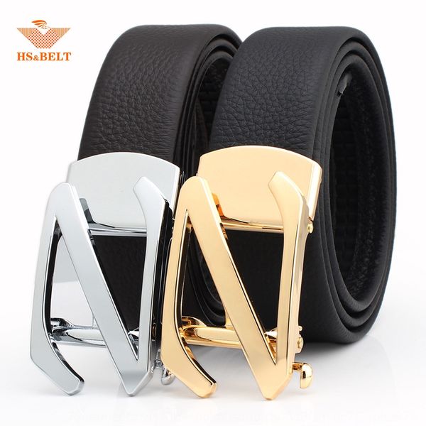 

hongsheng men's layer cowhide youth automatic buckle z-shaped men's business cowhide leather belt belt leather, Black;brown