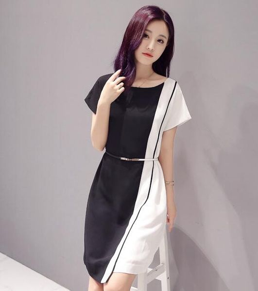 

2019 designer summer new european version of the large size female body slimming chiffon contrast color stitching short-sleeved long dress, Black;gray
