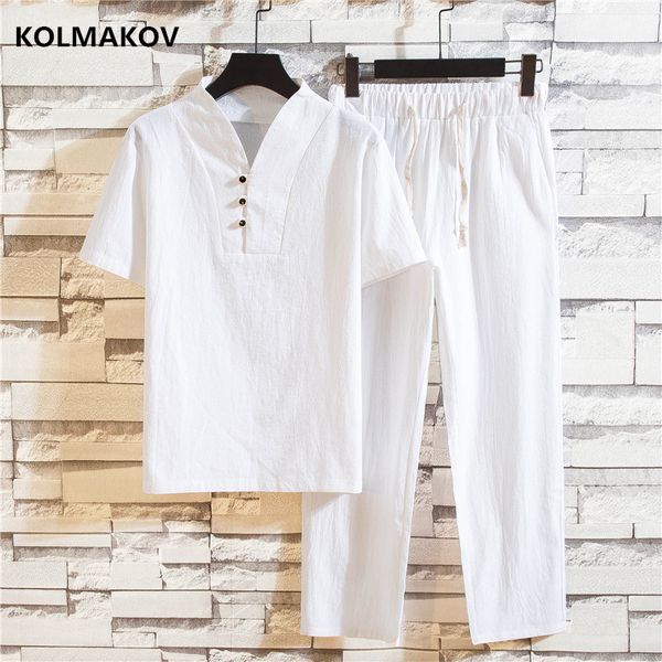 

men's casual shirts (shirt + trousers) 2021 summer fashion men shirt man cotton and linen short sleeve size  to 5xl, White;black