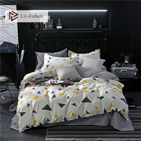 

liv-esthete fashion classic geometry bedding set double  king duvet cover pillowcase soft flat sheet bed linen for adult
