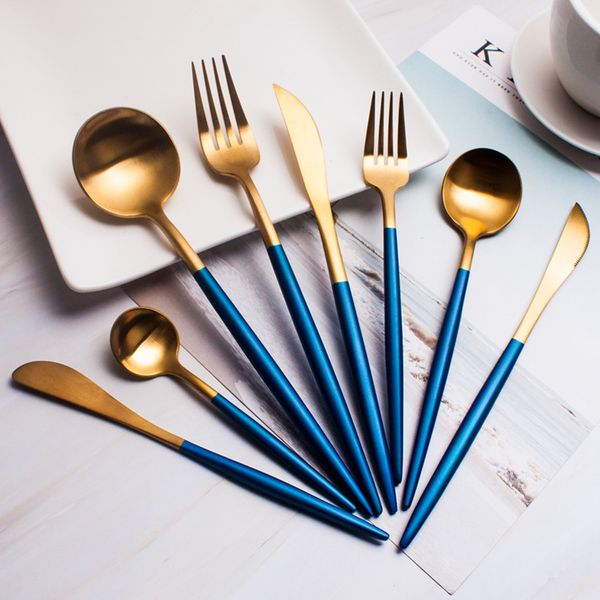 

stainless steel flatware set golden cutlery blue color spoon knife fork gold plated restaurant luxury wed reusabl kitchen accessories