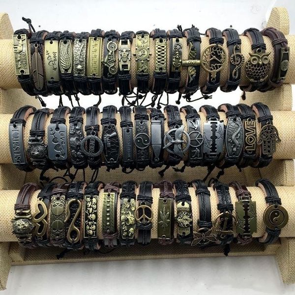 

lots 30 pcs/lot charm cuff bracelets mix styles metal handmade retro leather bangle men's women's jewelry gifts, Black