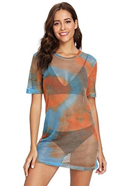 

makemechic women's short sleeve see through sheer mesh t shirt dress, Black;gray