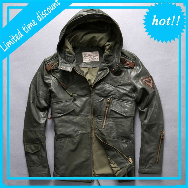 

men's long hooded jacket genuine leather flight jacket brand soft cowskin vintage european american leather coat free, Black