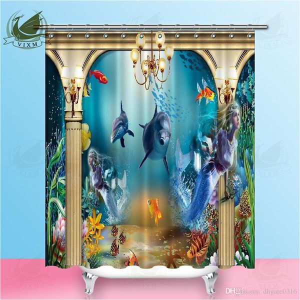 

vixm 3d sea animal mermaid dolphin shower curtains seagull on blue background waterproof polyester fabric curtains for home decor