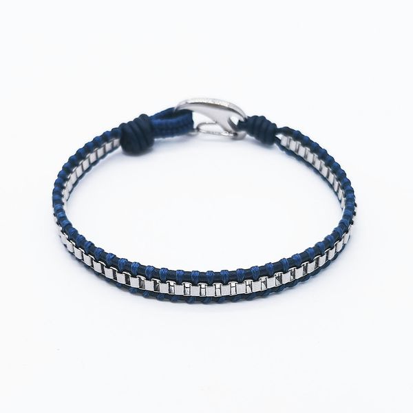 

fashion bracelet leather stainless steel box chain wax cord american european design balck blue 19.5cm, Golden;silver